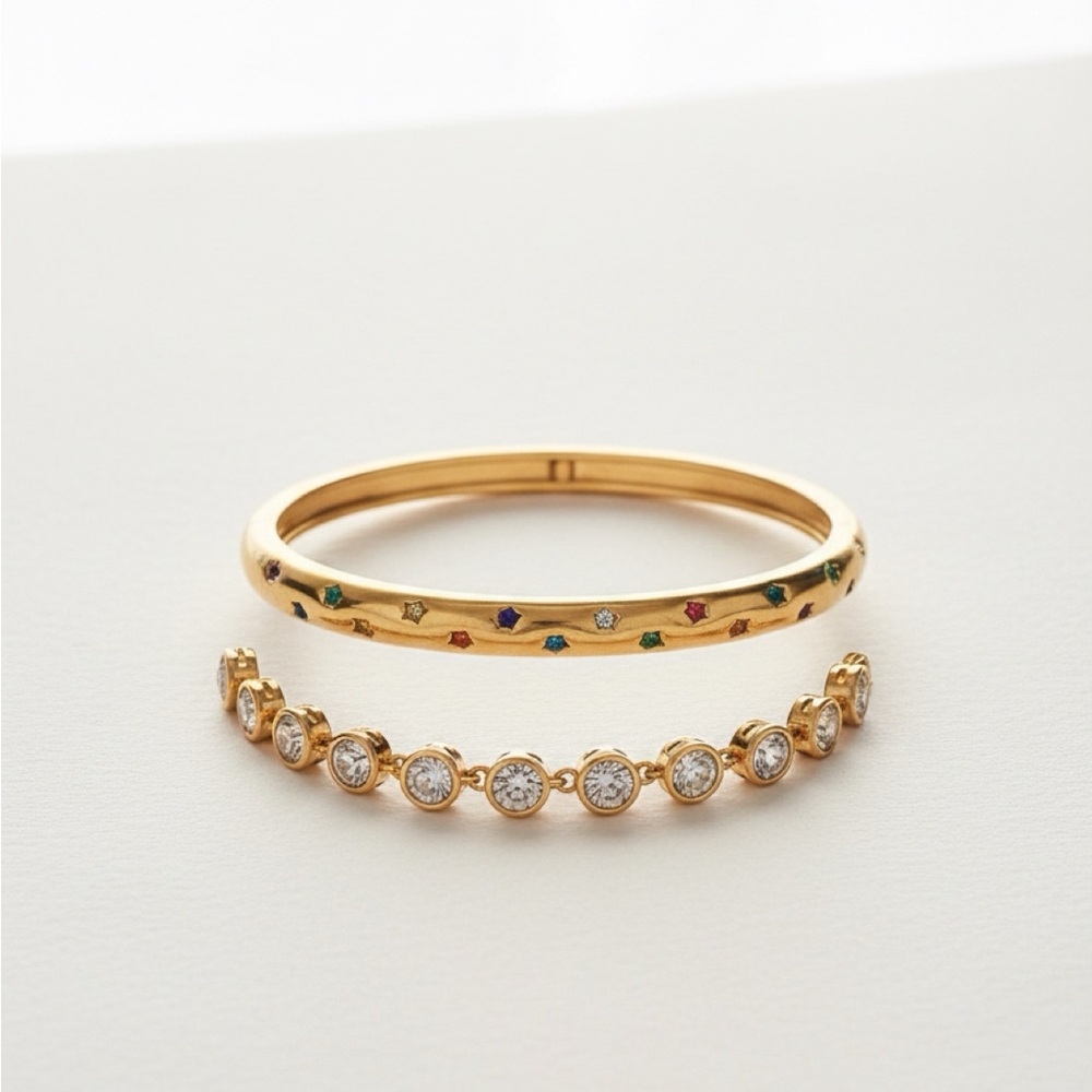 Gold Multi-Gemstone Stacking Bangles - Set of 2